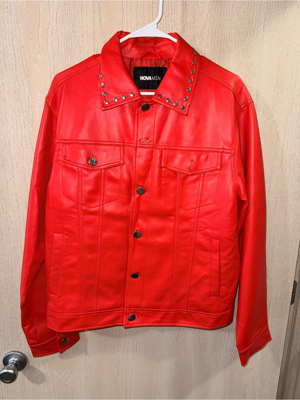 Fashion Nova Red Stud-Trim Leather Bomber Jacket
